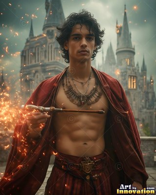 Wearing a loose bright red robe, a shirtless young man holds up a small wand outside a stone castle
