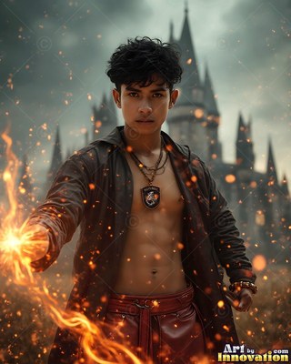 A young man summons fire from his hand beneath a storm of bright orange sparks