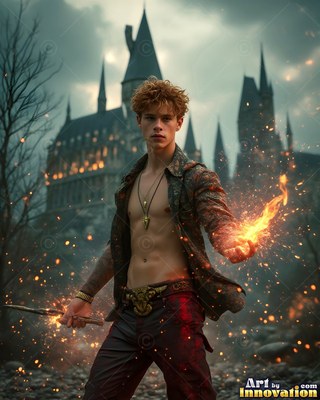 Standing outside a dark castle, a shirtless young man clutches fire in his hand