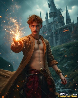 A young man shoots sparks from his hand in front of a dark castle