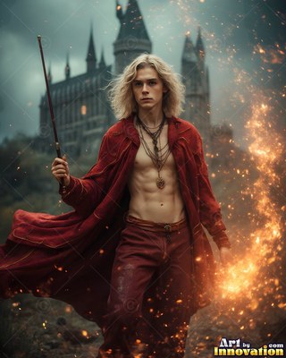 Before a castle, a blond man in an open red robe holds a wand near bright fire sparks