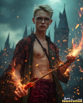 Holding a fiery wand, a blond young man stands outside a dark castle in an open robe
