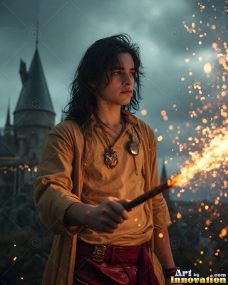 Young man in tan clothes holds a sparking wand by a castle tower