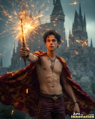 Wearing a patterned red cape, a shirtless man points a sparking wand outside a stone castle