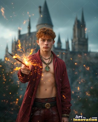 A young red-haired man aims his wand forward as golden sparks fly before a dark castle