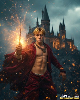 Facing forward in front of a castle, a bare-chested man raises a sparkling wand