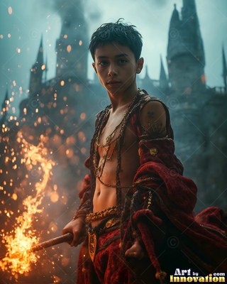 A young man in red robes holds a flaming wand outside a castle
