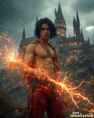 Before a stone castle, a shirtless man in red pants holds a streak of bright orange sparks