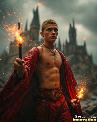 Holding fiery wands, a shirtless young man in a bright red robe stands before a castle