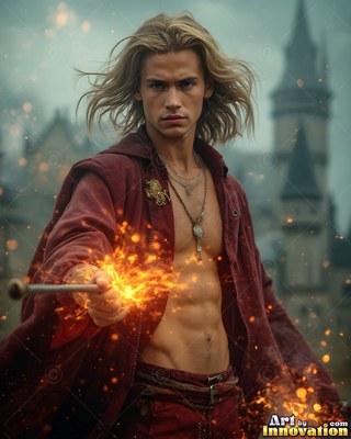 A blond man in a loose red robe points a wand with bright sparks