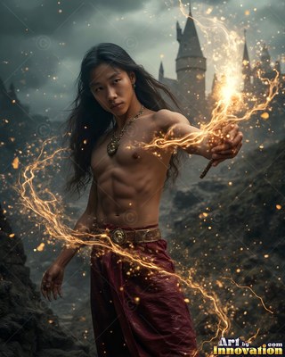 Bare-chested in red trousers, a young man casts bright sparks near a castle in the rocks