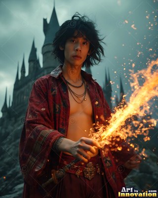 A young man in red robes holds a wand casting bright yellow sparks by a dark castle