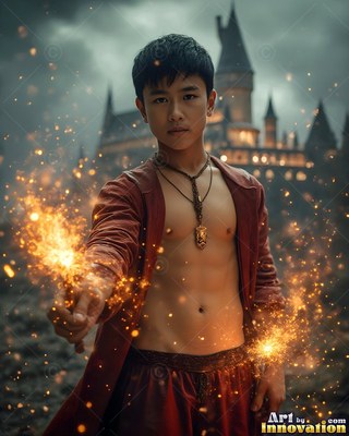 Facing forward by a castle, a young man holds bright sparks in his open robe