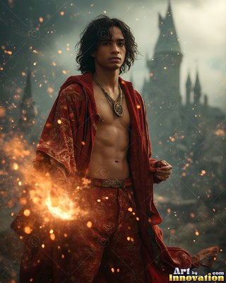 A young man wearing an unbuttoned bright red robe holds bright sparks in front of a castle