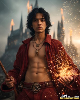 Before a dark castle, a shirtless man in a red robe holds bright sparks in his hand