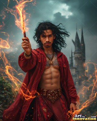 Holding a flaming wand, a shirtless man in a deep red robe stands before a castle