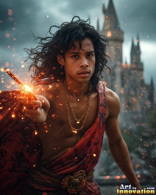 Young man holding a bright wand by a castle tower