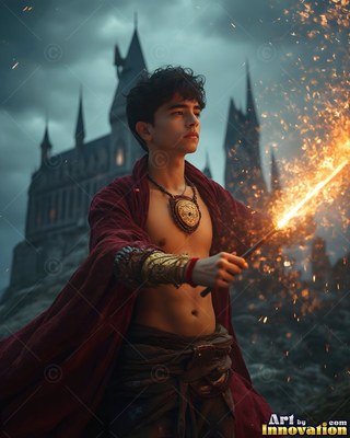 A shirtless young man wearing an unbuttoned red cloak holds a sparked wand before a dark castle