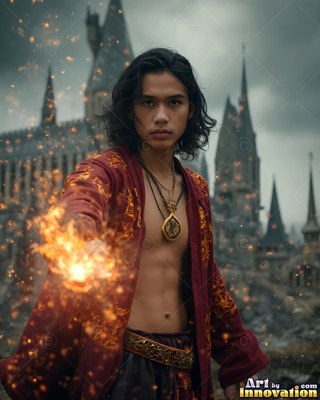 A young man casts bright sparks from his hand, wearing a parted deep red robe before a castle