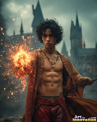 Facing forward in front of a castle, a shirtless man casts bright sparks from his hand