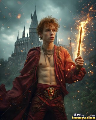 A shirtless young man in a bright red robe holds a flaming wand before a castle