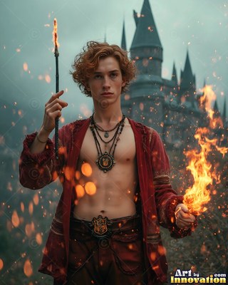 By the walls of a castle, a red-haired man holds a flaming wand and sparks of fire