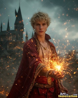A blond man in red robes holds sparks in his hand outside a castle
