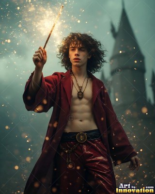 In an open red robe outside a dark castle, a young man raises a wand with bright sparks