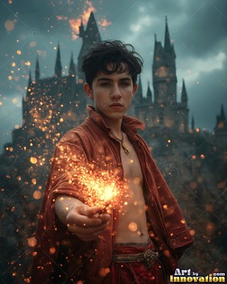 A young man casts bright orange sparks from his hand before a dark castle