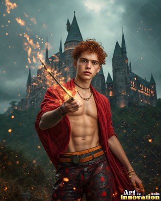 Facing forward just outside a castle, a shirtless red-haired man points a sparkling wand