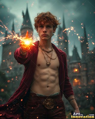 A shirtless young man in a red robe casts bright sparks before a castle