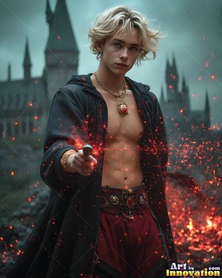 Before a dark castle, a blond young man in an open black robe casts red sparks