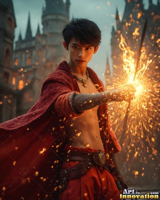 Casting sparks from a dark wand, a young man wears a red cloak out in front of a castle