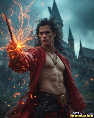 A shirtless man in an unfastened scarlet robe points a wand of fire outdoors