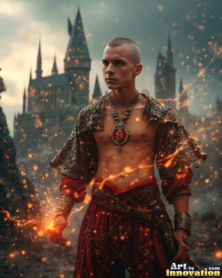 A man with a shaved head in an open vest stands outside a stone castle with sparks in his hand