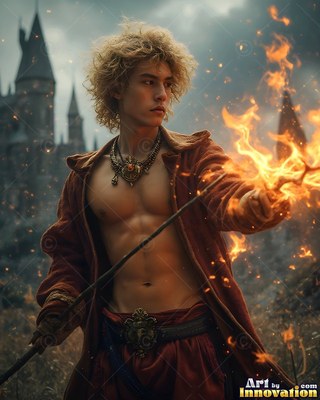 A blond man shoots fire from his hand, surrounded by sparks of warm orange light