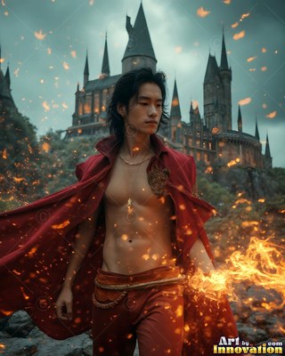 A bare-chested man in a red cape stands before a dark castle with fire on his hand