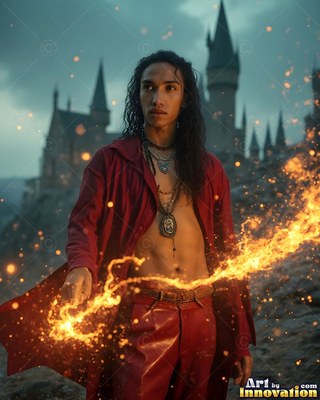 Before a dark castle, a shirtless man in a deep red robe casts bright fire sparks