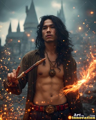 Holding a short wand, a shirtless man summons fire sparks before a castle