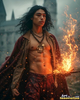 A shirtless man holds a wand shooting bright fire just outside a castle