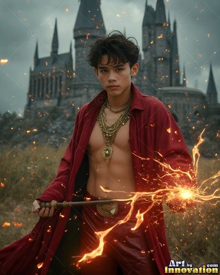 Wearing an open scarlet robe and gold necklaces, a young man holds up a sparking wand near a castle