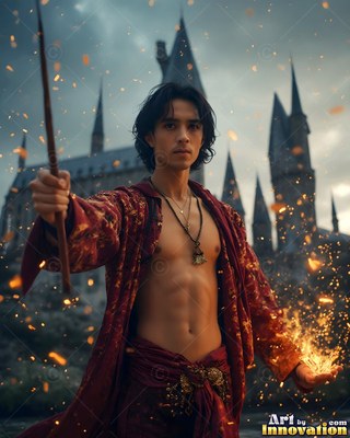 A young man raises a wand in a parted scarlet robe, holding fiery golden sparks in his palm