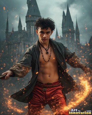 Facing forward, a man casts yellow sparks outside a stone castle