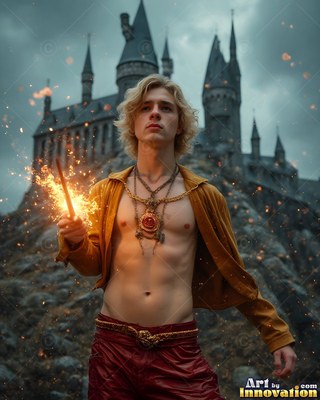 A shirtless blond man holds a burning wand outside a dark stone castle