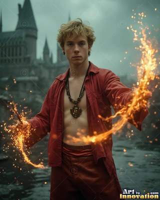 Before a dark castle, a blond man in an unfastened red shirt casts bright sparks from his wand