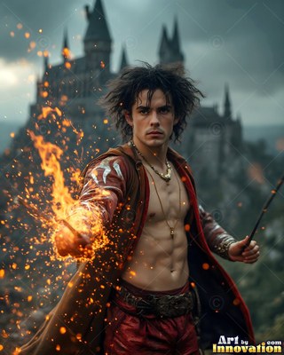Casting fire from a wand, a shirtless young man stands in front of a dark castle