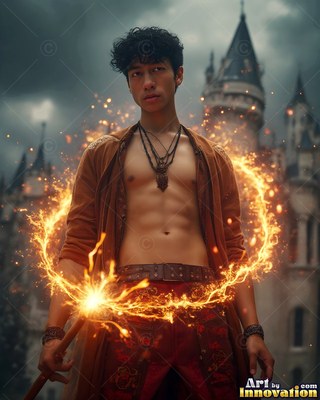 A shirtless man holds a staff making a fiery ring by a castle