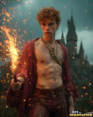 Parted red robe on a shirtless young man holding a fiery wand before a dark castle spires