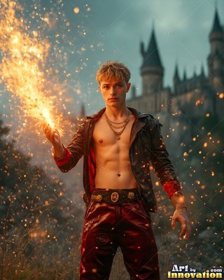 A shirtless man casts a stream of bright golden sparks from his hand in front of a castle