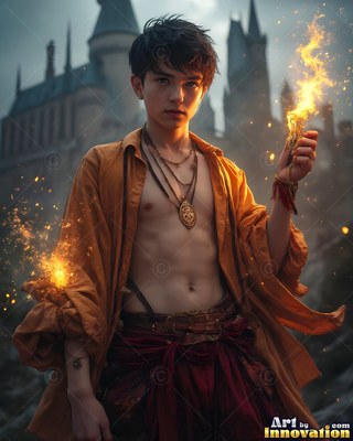 Standing before a castle, a young man in an open shirt holds fire aloft